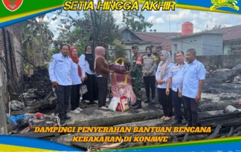 Wujud Kepedulian, Babinsa Wawotobi Bersama Tiga Pilar Dampingi Penyerahan Bantuan Bencana Kebakaran di Konawe