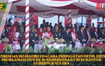 Danrem 143/HO Hadiri Upacara Peringatan Detik-Detik Proklamasi HUT ke-81 Kemerdekaan RI di Kantor Gubernur Sultra