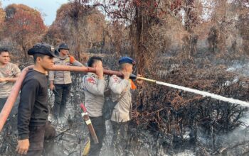 HARI KE-15, Personel Polsek Daik Bersama,Personel Brimobda Polda Kepri dan Tim Gabungan Terus Berjibaku Padamkan Karhutla Di Resun Pesisir